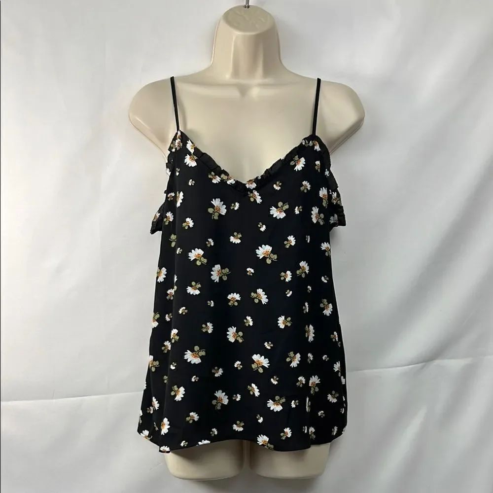 Loft black floral ruffle neck camisole top EUC size small